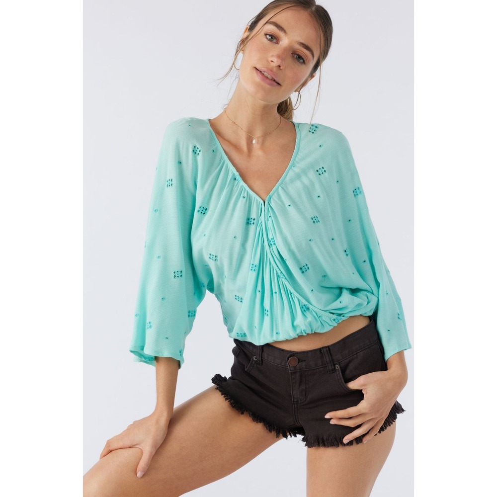 O'Neill India Top Ocean Blue Green Eyelet Surplice Blouse NWT Medium
